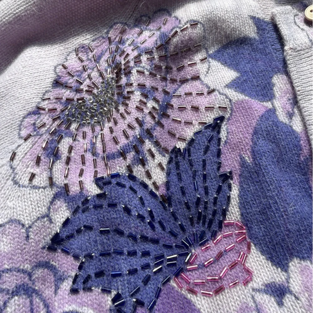 Profondo Blu Floral Cream & Purple Cardigan, Hand-Beaded. L. Wool/Angora. Italy._2